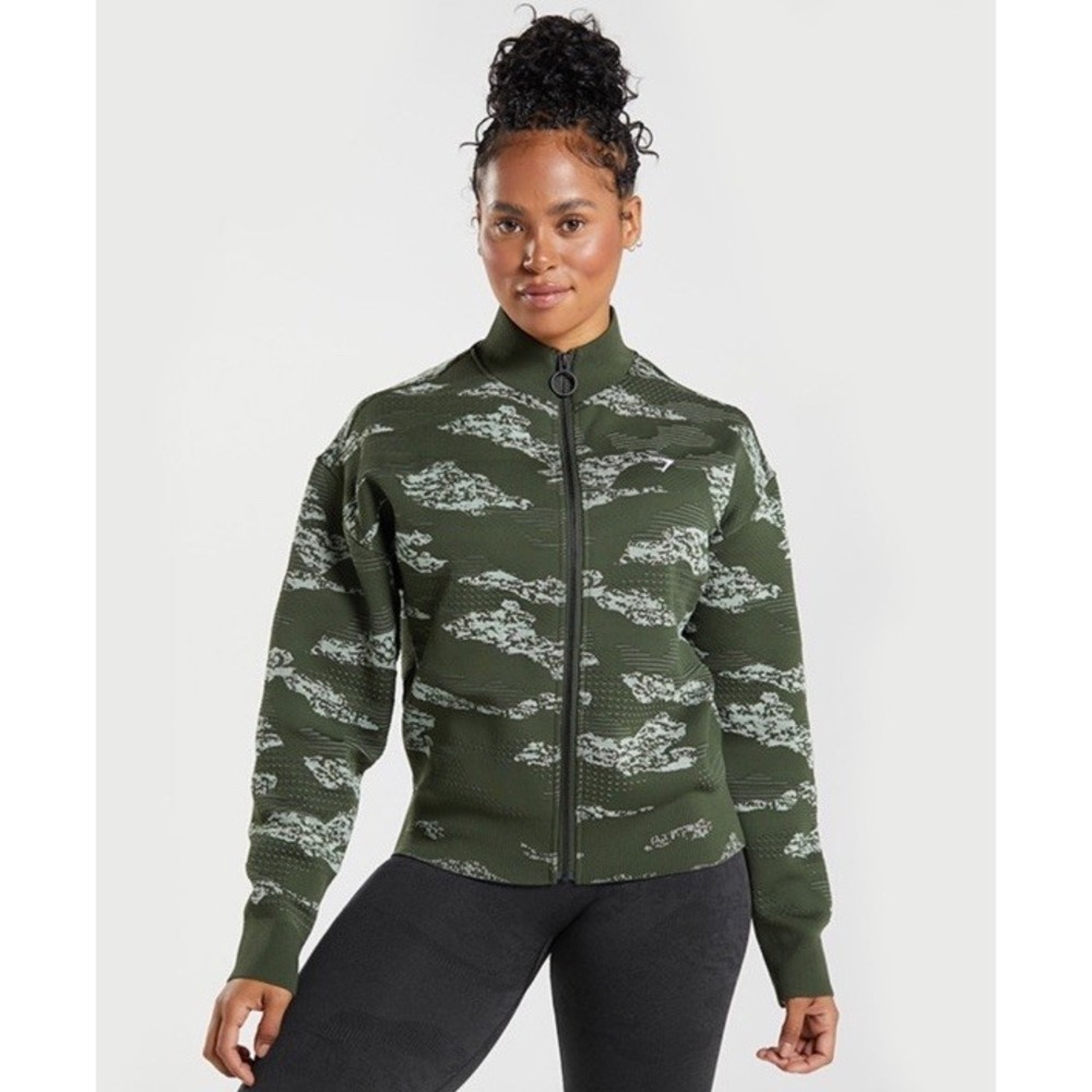Gymshark Adapt Camo Green Seamless Full Zip Athletic Bomber Jacket Women M